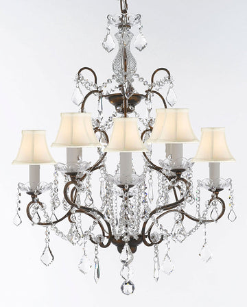 Wrought Iron Crystal Chandelier Chandeliers Lighting H 31" x W 24" Good for Dining Room, Foyer, Entryway, Family Room, Bedroom and More! w/White Shades - G7-WHITESHADES/11224/8