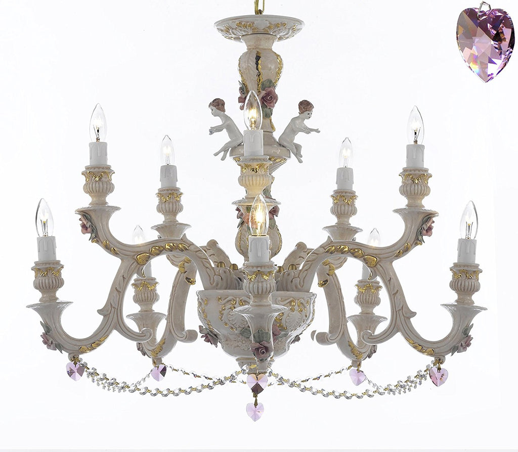 Authentic Capodimonte Porcelain Chandelier Lighting Chandeliers Cottage Chic Made in Italy, Trimmed w/ Roses & Flowers Dressed w/ Crystals and Hearts - GB102-B21/B52/227/5+5