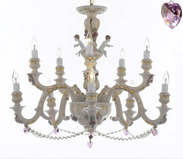 Authentic Capodimonte Porcelain Chandelier Lighting Chandeliers Cottage Chic Made in Italy, Trimmed w/ Roses & Flowers Dressed w/ Crystals and Hearts - GB102-B21/B52/227/5+5