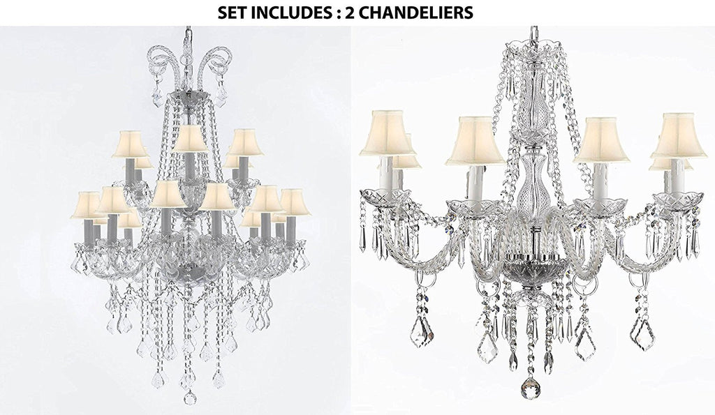 Set of 2 - 1 4FT Crystal Chandelier Lighting With White Shades 48hx28w And 1 Crystal Chandelier Lighting With White Shades 28ht X 28wd Murano - 1EA-B12/26/18 + 1EA-243/8-WHITESHADES
