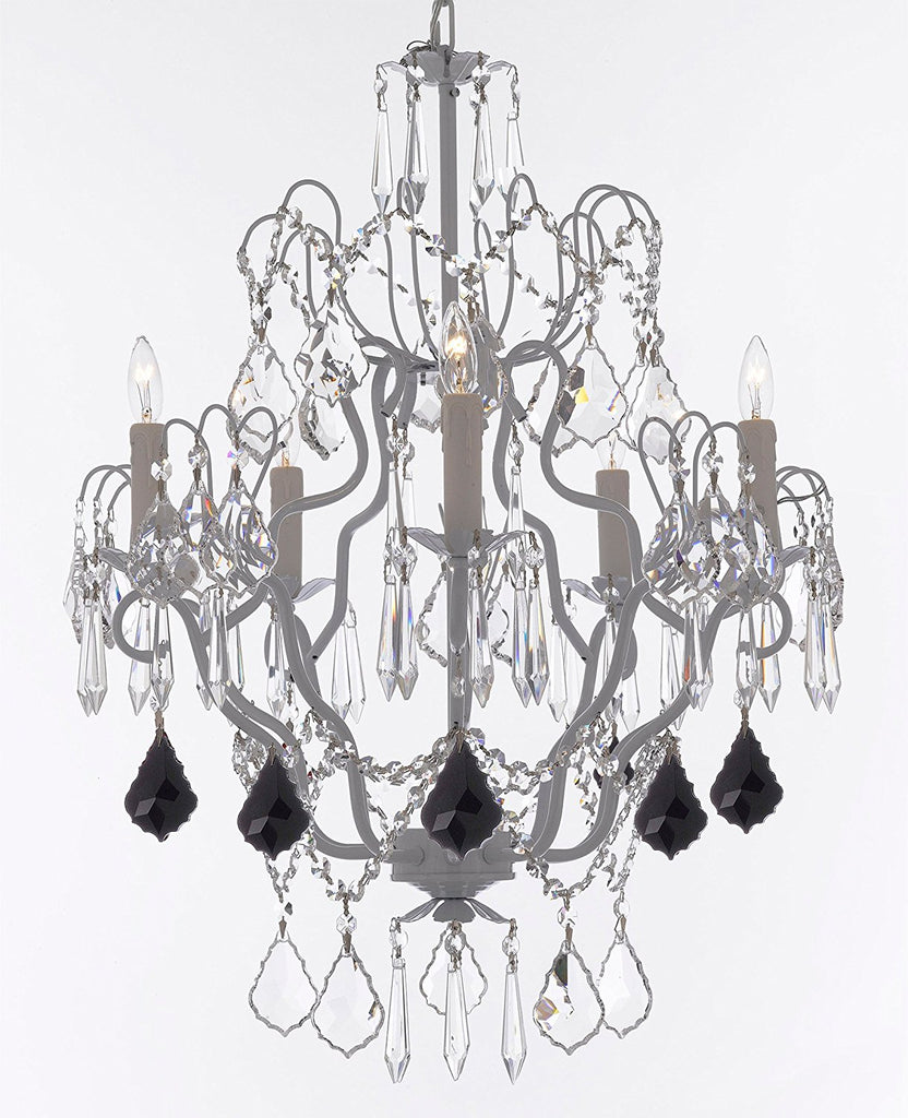 White Wrought Iron Crystal Chandelier Chandeliers Lighting H27" x W21" Dressed with Jet Black Crystal Great for Kitchens, Bathrooms, Bedrooms, Closets, and Dining Rooms - J10-B97/WHITE/26025/5