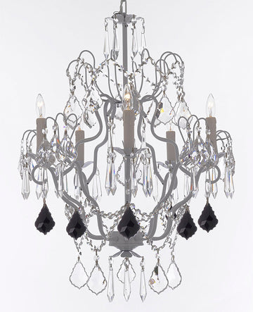 White Wrought Iron Crystal Chandelier Chandeliers Lighting H27" x W21" Dressed with Jet Black Crystal Great for Kitchens, Bathrooms, Bedrooms, Closets, and Dining Rooms - J10-B97/WHITE/26025/5