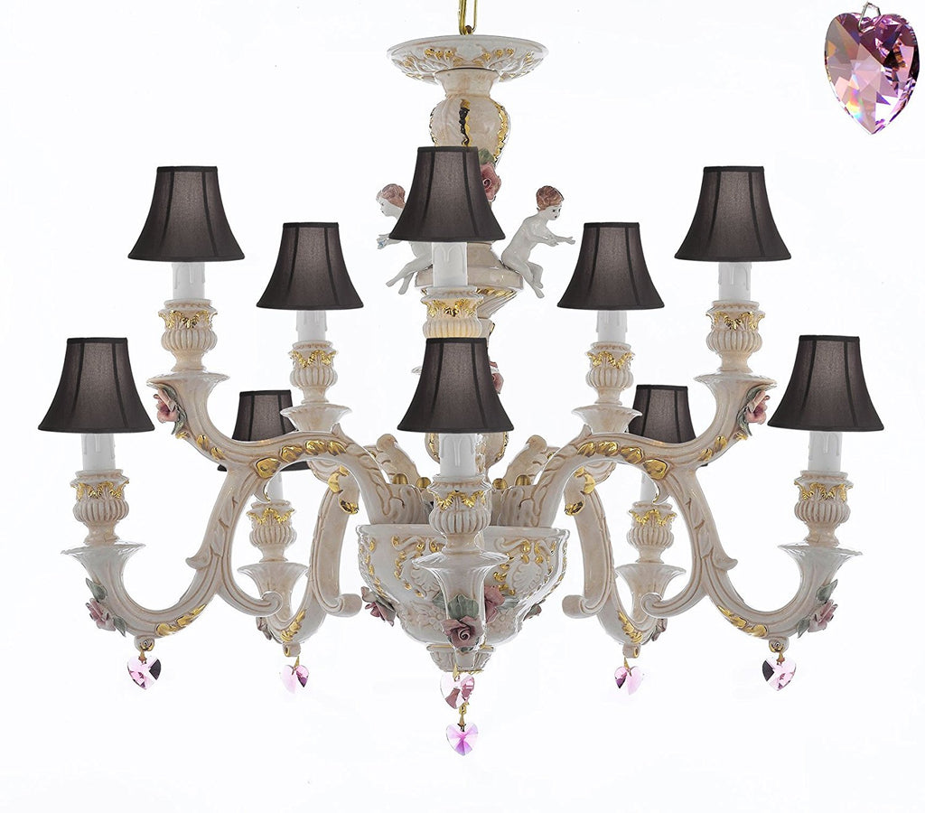 Authentic Capodimonte Porcelain Chandelier Lighting Chandeliers Cottage Chic Made in Italy, Trimmed w/ Roses & Flowers Dressed w/ Pink Hearts Crystals With Black Shades - GB102-SC/BLACKSHADES/B21/227/5+5