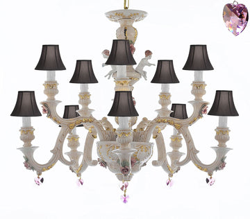 Authentic Capodimonte Porcelain Chandelier Lighting Chandeliers Cottage Chic Made in Italy, Trimmed w/ Roses & Flowers Dressed w/ Pink Hearts Crystals With Black Shades - GB102-SC/BLACKSHADES/B21/227/5+5