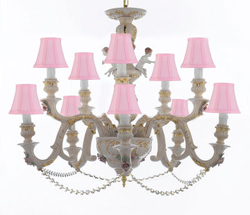Authentic Capodimonte Porcelain Chandelier Lighting Chandeliers Cottage Chic Made in Italy, Trimmed w/ Roses & Flowers Dressed w/ Crystals With Pink Shades - GB102-SC/PINKSHADES/B52/227/5+5