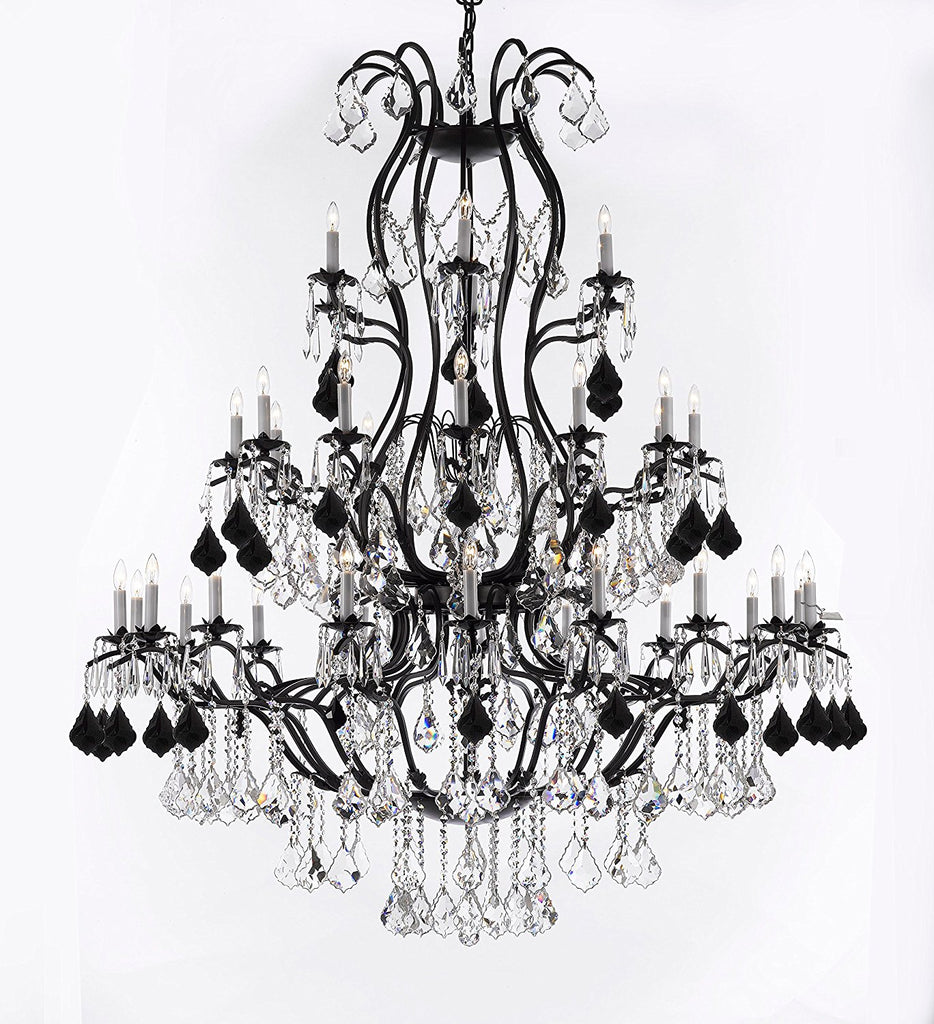 Large Wrought Iron Chandelier Chandeliers Lighting With Jet Black Crystals H60" x W52" - Great for the Entryway, Foyer, Family Room, Living Room - A500-B97/3031/36