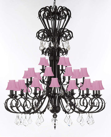 Versailles Large Foyer/Entryway Wrought Iron Chandelier with Crystal and Shades 60" Inches Tall - J10-724/28/B7/SC/PINK