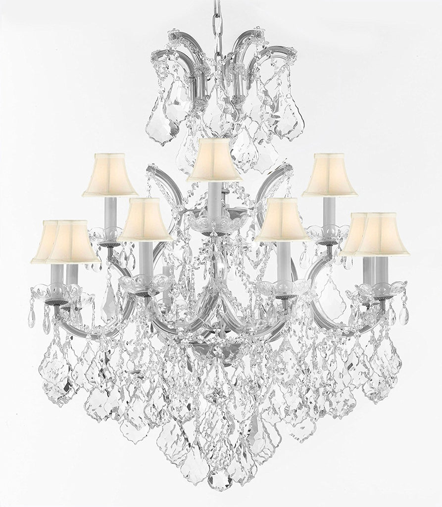 Maria Theresa Chandelier Lights Fixture Pendant Ceiling Lamp Dressed w/Large, Luxe Diamond Cut Crystals! HT35" x WD28" - Good for Dining Room, Foyer, Entryway, Living Room & More! w/White Shades - A500-B90/WHITESHAD/CS/B7/52/21532/12+1DC