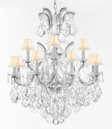 Swarovski Crystal Trimmed Maria Theresa Chandelier Lights Fixture Pendant Ceiling Lamp Dressed w/Large, Luxe Crystals! HT35" x WD28" - Good for Dining Room, Family Room & More! with White Shades - A500-B90/WHITESHAD/CS/B7/52/21532/12+1SW