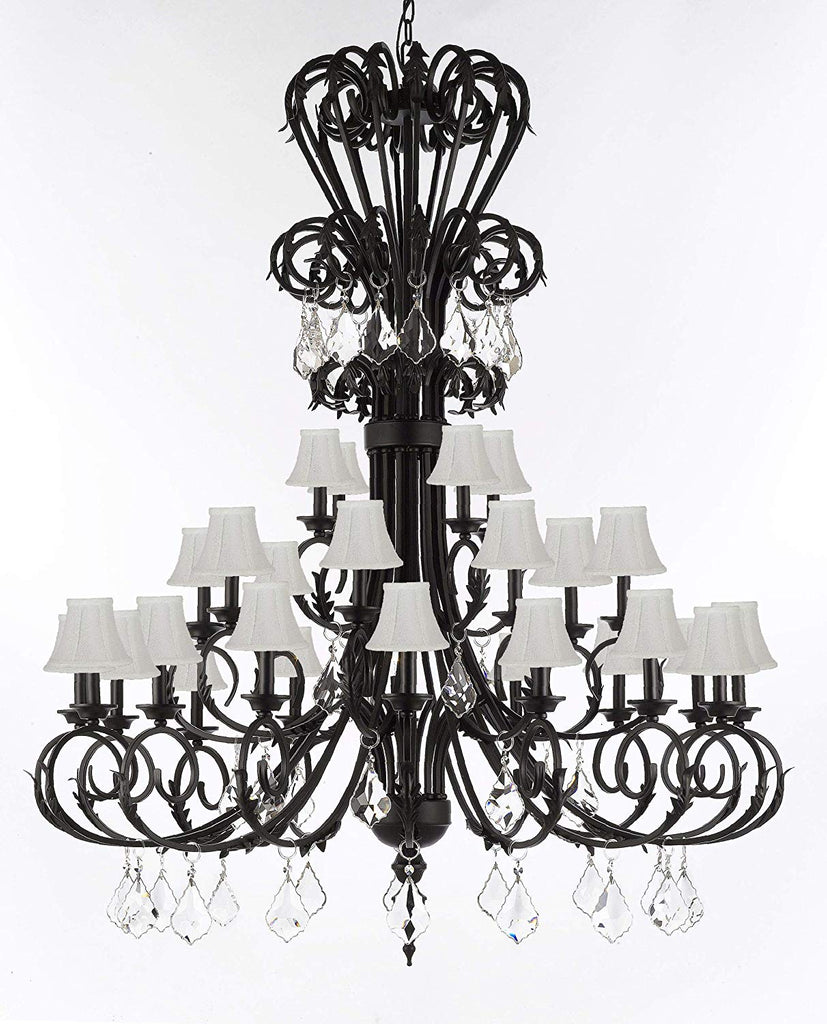 Versailles Large Foyer/Entryway Wrought Iron Chandelier with Crystal and Shades 60" Inches Tall - J10-724/28/B7/SC/WHT