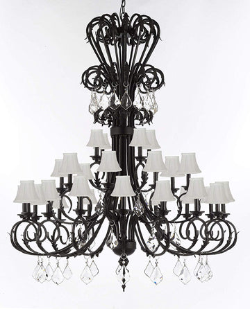 Versailles Large Foyer/Entryway Wrought Iron Chandelier with Crystal and Shades 60" Inches Tall - J10-724/28/B7/SC/WHT