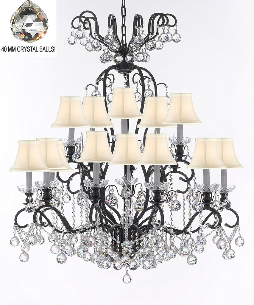 Swarovski Crystal Trimmed Chandelier Wrought Iron Crystal Chandelier Lighting Dressed with Crystal Balls W38" H44" - Great for the Dining Room, Foyer, Entry Way, Living Room w/White Shades - A500-B6/WHITESHADES/556/16SW
