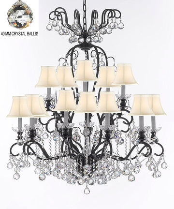 Swarovski Crystal Trimmed Chandelier Wrought Iron Crystal Chandelier Lighting Dressed with Crystal Balls W38" H44" - Great for the Dining Room, Foyer, Entry Way, Living Room w/White Shades - A500-B6/WHITESHADES/556/16SW