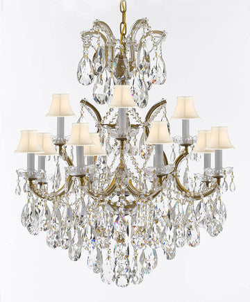 Maria Theresa Chandelier Lights Fixture Pendant Ceiling Lamp Dressed with Large, Luxe Diamond Cut Crystals! HT35" x WD28" - Good for Dining Room, Foyer, Entryway, Living Room and More! w/White Shades - A500-B90/WHITESHADES/CG/52/21532/12+1DC