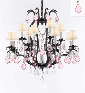 Wrought Iron Crystal Chandelier Lighting Chandeliers H30" x W28" Dressed with Swarovski Crystals & with Pink Crystals and White Shades! Great for Bedroom, Kitchen, Dining Room, Living Room, and more! - A500-B110/WHITESHADES/3034/8+4SW