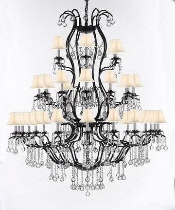 Large Wrought Iron Chandelier Chandeliers Lighting With Crystal Balls H60" x W52" - Great for the Entryway, Foyer, Family Room, Living Room w/White Shades - A500-B6/WHITESHADES/3031/36