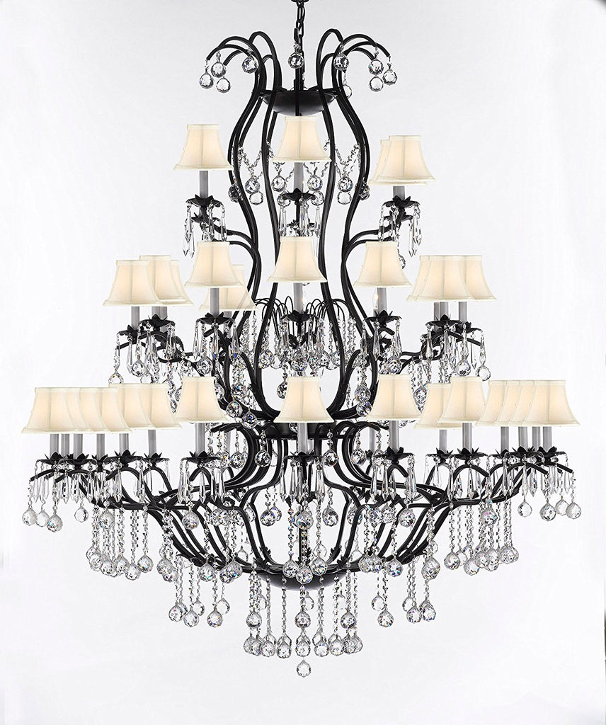 Swarovski Crystal Trimmed Chandelier Large Wrought Iron Chandelier Chandeliers Lighting With Crystal Balls H60" x W52" - Great for the Entryway, Foyer, Family Room, Living Room w/White Shades - A500-B6/WHITESHADES/3031/36SW