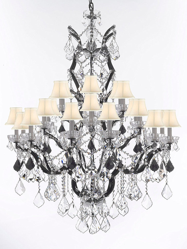 19th C. Baroque Iron & Crystal Chandelier Lighting Dressed with Jet Black Crystals H 52" x W 41" - Great for the Dining Room, Foyer, Entry Way, Living Room w/ White Shades - A500-B97/WHITESHADES/996/25