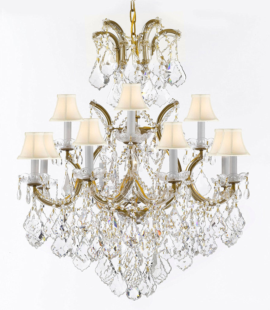 Swarovski Crystal Trimmed Maria Theresa Chandelier Lights Fixture Pendant Ceiling Lamp Dressed with Large, Luxe Crystals! HT35" x WD28" - Good for Dining Room, Family Room & More! with White Shades - A500-B90/WHITESHAD/CG/B7/52/21532/12+1SW