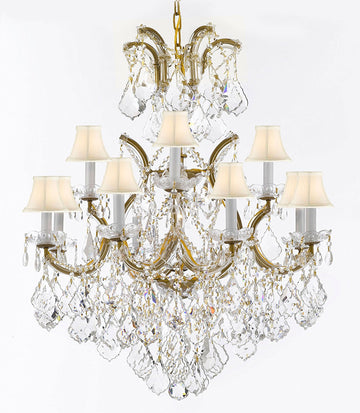 Swarovski Crystal Trimmed Maria Theresa Chandelier Lights Fixture Pendant Ceiling Lamp Dressed with Large, Luxe Crystals! HT35" x WD28" - Good for Dining Room, Family Room & More! with White Shades - A500-B90/WHITESHAD/CG/B7/52/21532/12+1SW