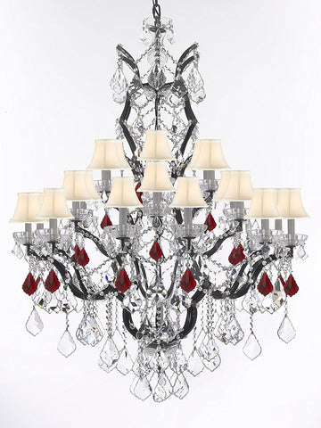 Swarovski Crystal Trimmed Chandelier 19th C. Baroque Iron & Crystal Chandelier Lighting Dressed w/Ruby Red Crystals H 52" x W 41" - Great for the Dining Room, Entry Way, Living Room w/White Shades - A500-B98/WHITESHADES/996/25SW