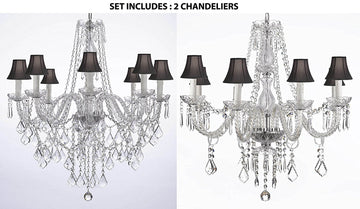 Set of 2 - 1 Chandelier Lighting With Black Shades 33hx28w And 1 Crystal Chandelier Lighting With Black Shades 28ht X 28wd Murano - 1EA-B14/243/8 + 1EA-243/8-BLACKSHADES