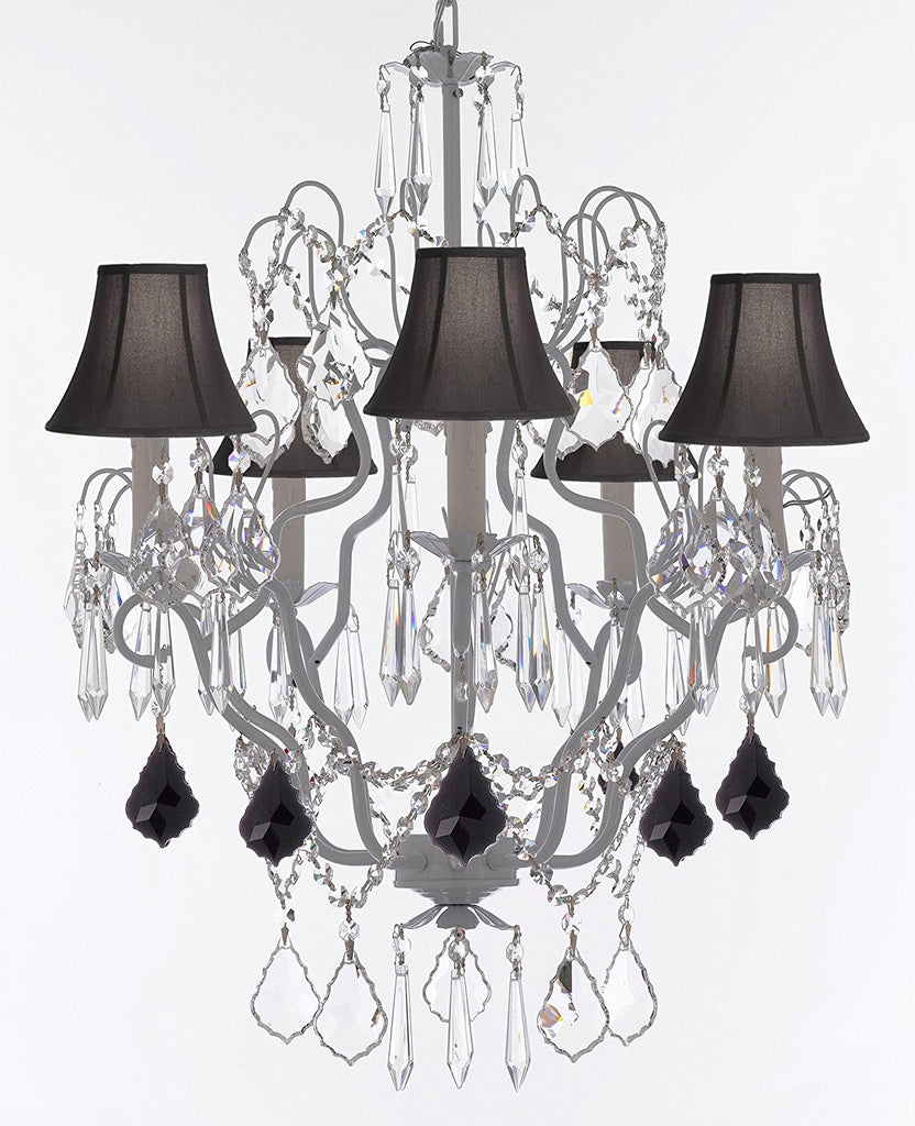 White Wrought Iron Crystal Chandeliers Lighting H27" x W21" Dressed with Jet Black Crystal Great for Kitchens, Bathrooms, Bedrooms, Closets, and Dining Rooms w/Black Shades - J10-B97/BLACKSHADES/WHITE/26025/5
