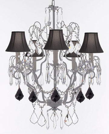 White Wrought Iron Crystal Chandeliers Lighting H27" x W21" Dressed with Jet Black Crystal Great for Kitchens, Bathrooms, Bedrooms, Closets, and Dining Rooms w/Black Shades - J10-B97/BLACKSHADES/WHITE/26025/5