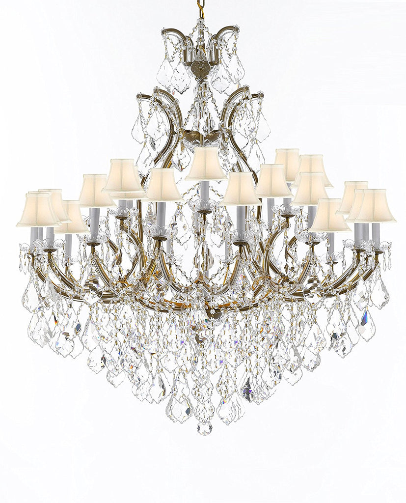 Swarovski Crystal Trimmed Chandelier Lighting Chandeliers H52" X W46" Dressed with Large, Luxe Crystals - Great for the Foyer, Entry Way, Living Room, Family Room and More w/White Shades - A500-B90/WHITESHADES/52/2MT/24+1SW