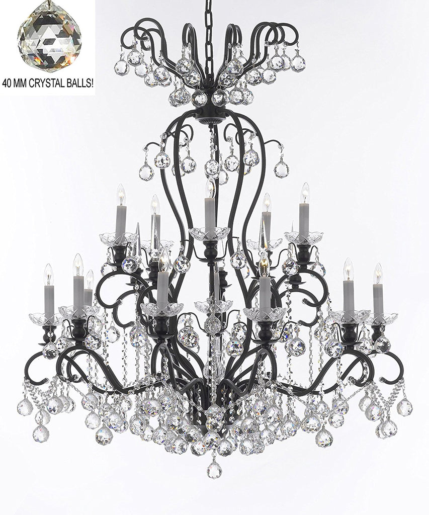 Wrought Iron Crystal Chandelier Lighting Dressed with Crystal Balls W38" H44" - Great for the Dining Room, Foyer, Entry Way, Living Room - A500-B6/556/16