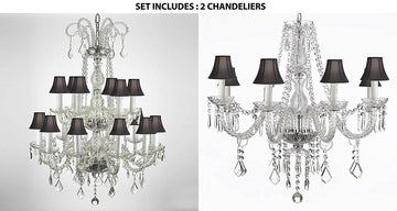 Set of 2 - 1 Authentic All Crystal Chandelier Lighting With Black Shades 38hx28w And 1 Crystal Chandelier Lighting With Black Shades 28ht X 28wd Murano - 1EA-26/18 + 1EA-243/8-BLACKSHADES