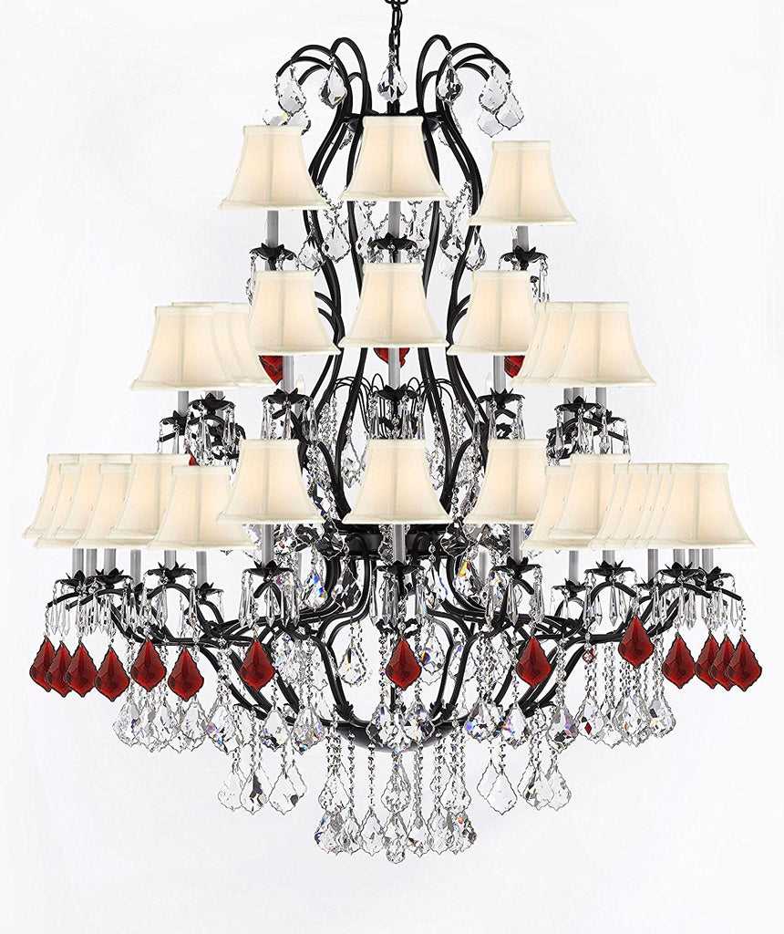 Large Wrought Iron Chandelier Chandeliers Lighting With Ruby Red Crystals H60" x W52" - Great for the Entryway, Foyer, Family Room, Living Room w/White Shades - A500-B98/WHITESHADES/3031/36