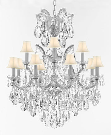 Swarovski Crystal Trimmed Maria Theresa Chandelier Lights Fixture Pendant Ceiling Lamp Dressed with Large, Luxe Crystals! HT35" x WD28"-Good for Dining Room, Family Room & More! w/White Shades - A500-B90/WHITESHADES/CS/52/21532/12+1SW