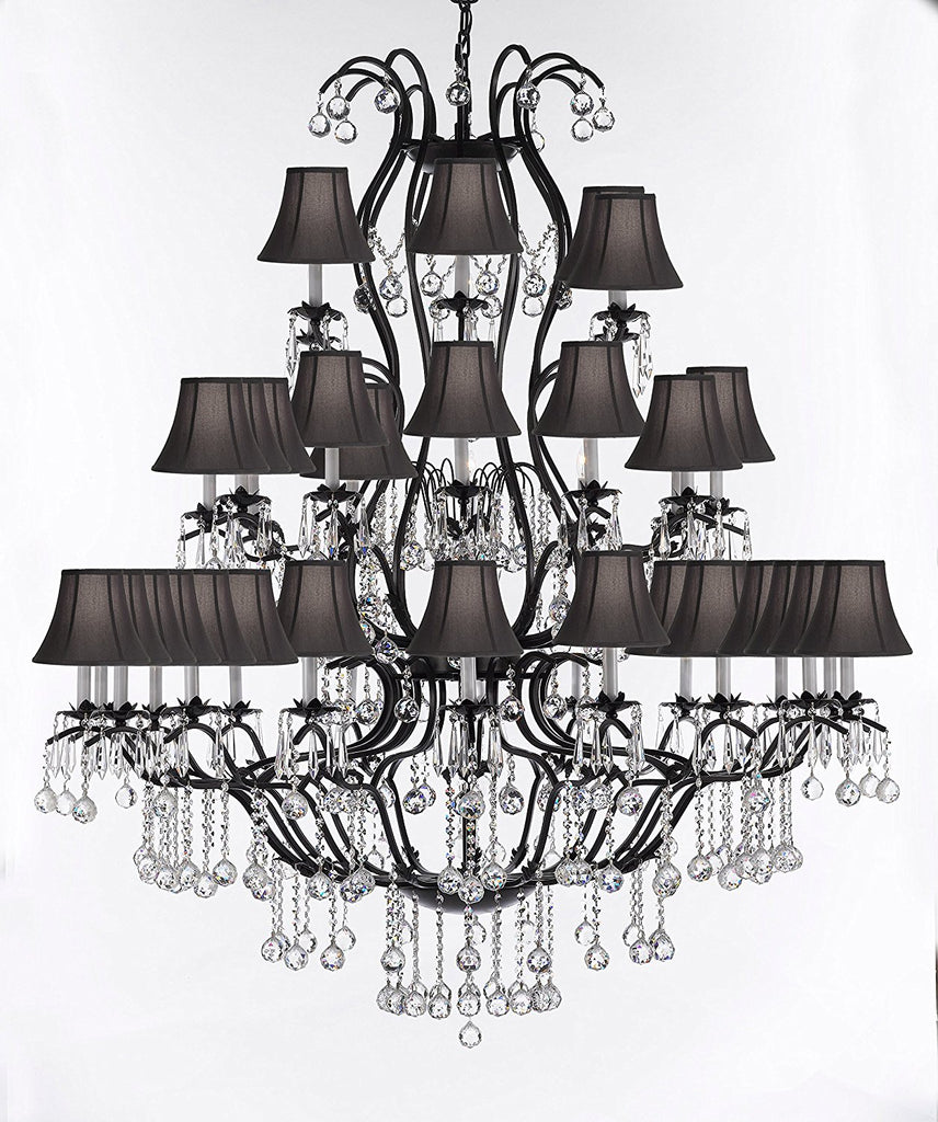 Large Wrought Iron Chandelier Chandeliers Lighting With Crystal Balls H60" x W52" - Great for the Entryway, Foyer, Family Room, Living Room w/Black Shades - A500-B6/BLACKSHADES/3031/36