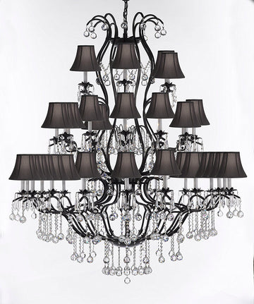 Swarovski Crystal Trimmed Chandelier Large Wrought Iron Chandelier Chandeliers Lighting With Crystal Balls H60" x W52" - Great for the Entryway, Foyer, Family Room, Living Room w/Black Shades - A500-B6/BLACKSHADES/3031/36SW