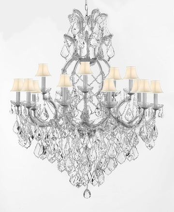 Maria Theresa Chandelier Crystal Lighting Fixture Pendant Ceiling Lamp for Dining room, Entryway , Living room Dressed with Large, Luxe, Diamond Cut Crystals! H44" X W37" w/WhiteShades - A500-B90/CS/WHITESHADES/52/21510/15+1DC