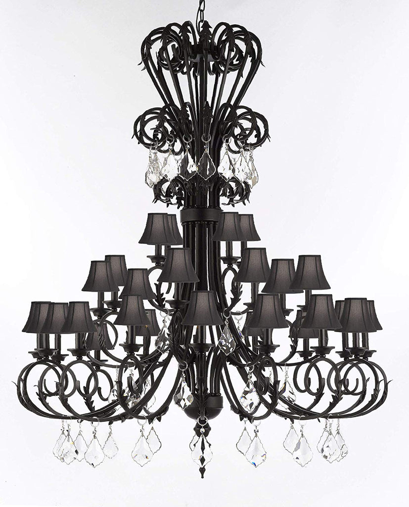 Versailles Large Foyer/Entryway Wrought Iron Chandelier with Crystal and Shades 60" Inches Tall - J10-724/28/B7/SC/BLACK