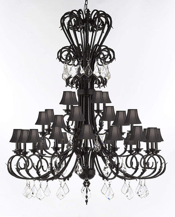 Versailles Large Foyer/Entryway Wrought Iron Chandelier with Crystal and Shades 60" Inches Tall - J10-724/28/B7/SC/BLACK