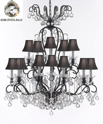 Swarovski Crystal Trimmed Chandelier Wrought Iron Crystal Chandelier Lighting Dressed with Crystal Balls W38" H44" - Great for the Dining Room, Foyer, Entry Way, Living Room w/Black Shades - A500-B6/BLACKSHADES/556/16SW
