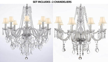 Set of 2 - 1 Crystal Chandelier Lighting With White Shades 33hx28w And 1 Crystal Chandelier Lighting With White Shades 28ht X 28wd Murano - 1EA-B14/243/8 + 1EA-243/8-WHITESHADES