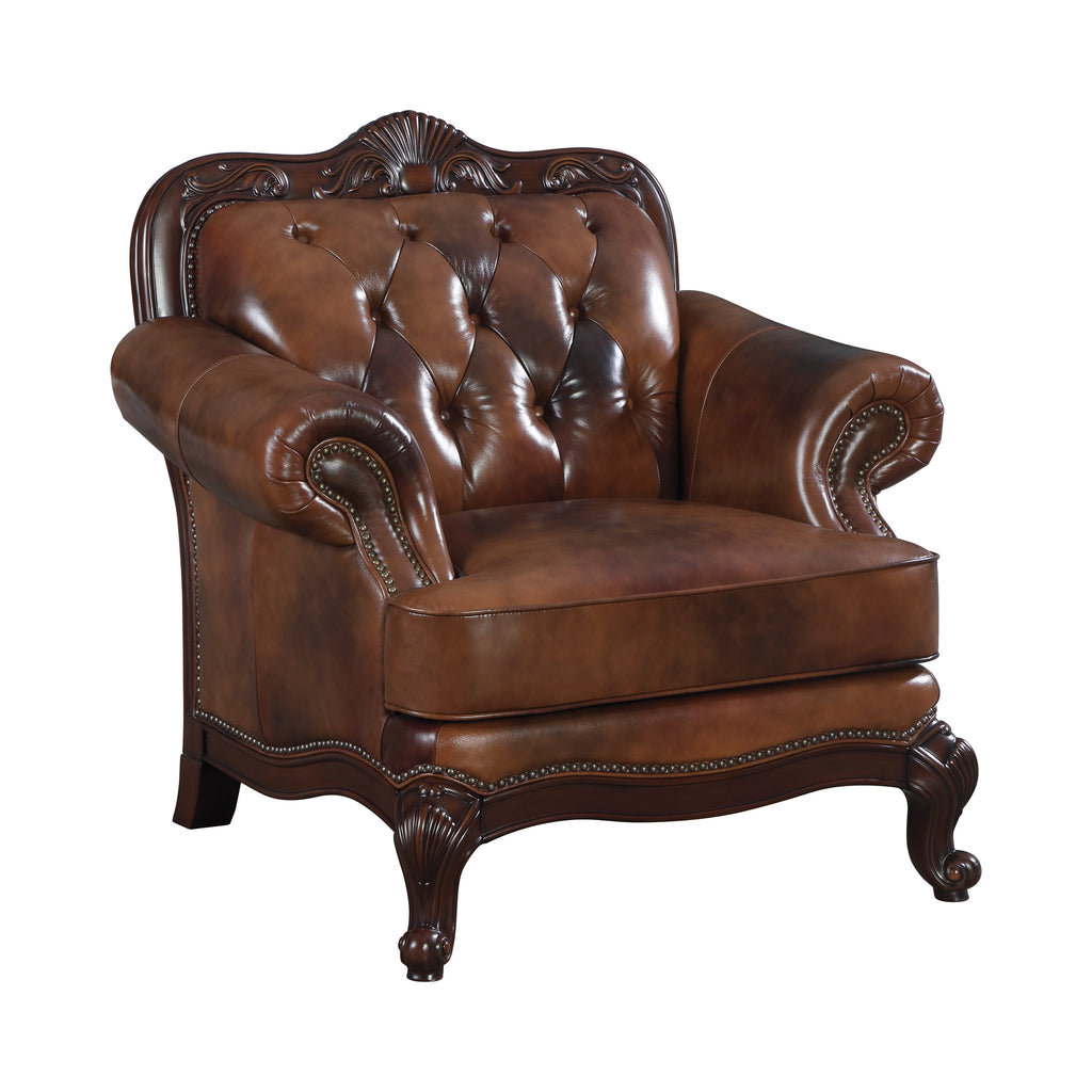 Set of 3 - Victoria Rolled Arm Sofa + Tufted Back Loveseat + Arm Chair Tri-Tone And Warm Brown - D300-10003