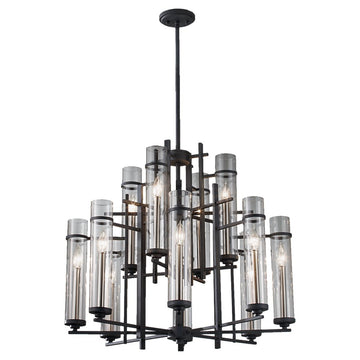 Murray Feiss 12 Bulb Antique Forged Iron / Aged Walnut Chandelier - C140-F2629/8+4AF/BS