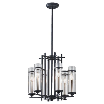 Murray Feiss 6 Bulb Antique Forged Iron / Brushed Steel Chandelier - C140-F2631/6AF/BS