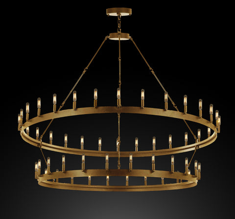 Wrought Iron Vintage Barn Metal Castile Two Tier Chandelier Industrial Loft Rustic Lighting W 63" H 60" in a Brushed Brass Finish Great for The Living Room, Dining Room, Foyer and Entryway, Family Room, and More - A113-CG/3428/54