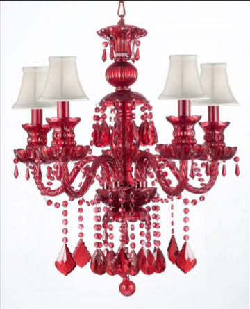 RUBY RED CRYSTAL CHANDELIER LIGHTING H30" x W24" WITH WHITE SHADES - GO-J10-WHITESHADES/RED/3/26041/5