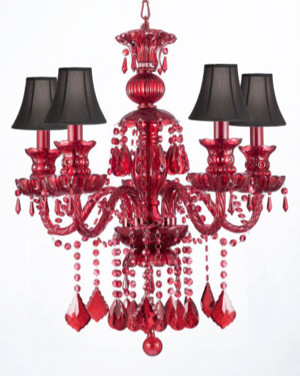 RUBY RED CRYSTAL CHANDELIER LIGHTING H30" x W24" WITH BLACK SHADES - J10-SC/RED/3/26041/5
